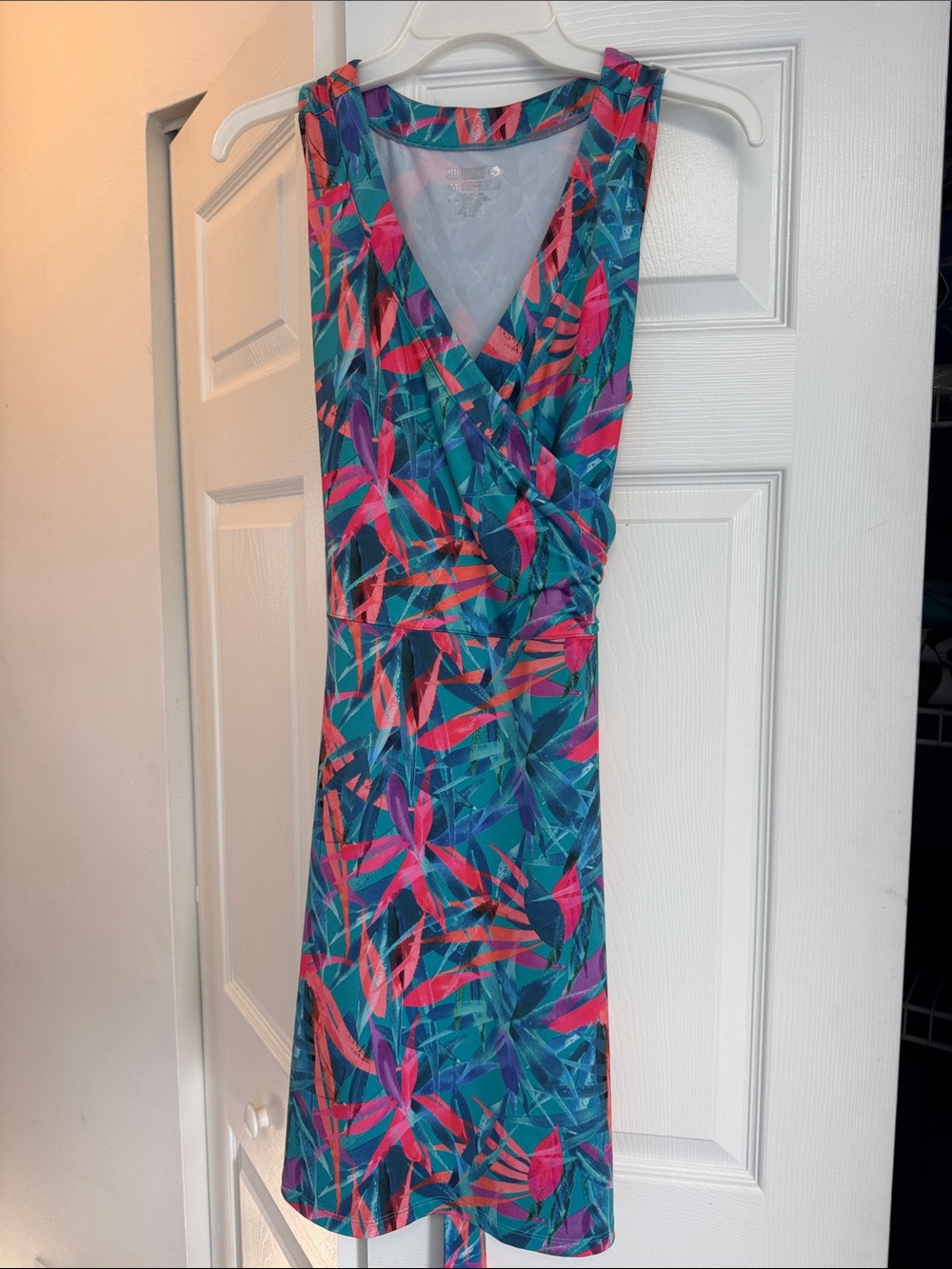 Sleeveless Teal Tropical Print Wrap Dress - Unbranded